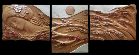 Tramonto sui fiori di ciliegio, terracotta e ingobbio  165x58 - 2018